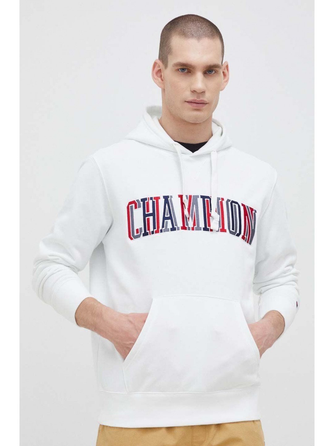 Mikina Champion pánská bílá barva s kapucí vzorovaná