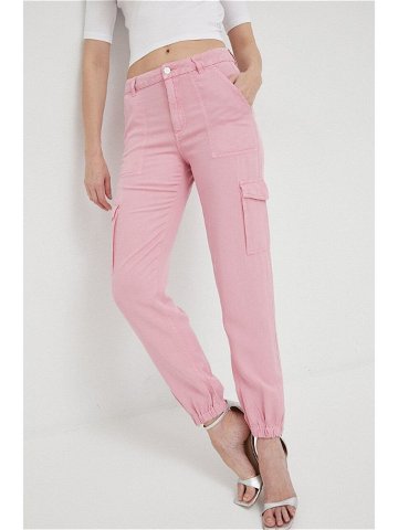 Kalhoty Guess dámské růžová barva střih chinos high waist