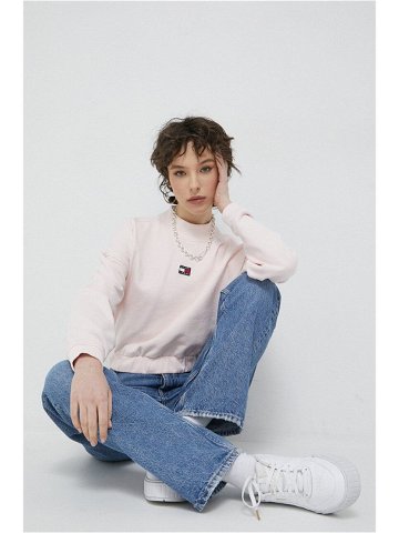 Bavlněná mikina Tommy Jeans dámská růžová barva hladká