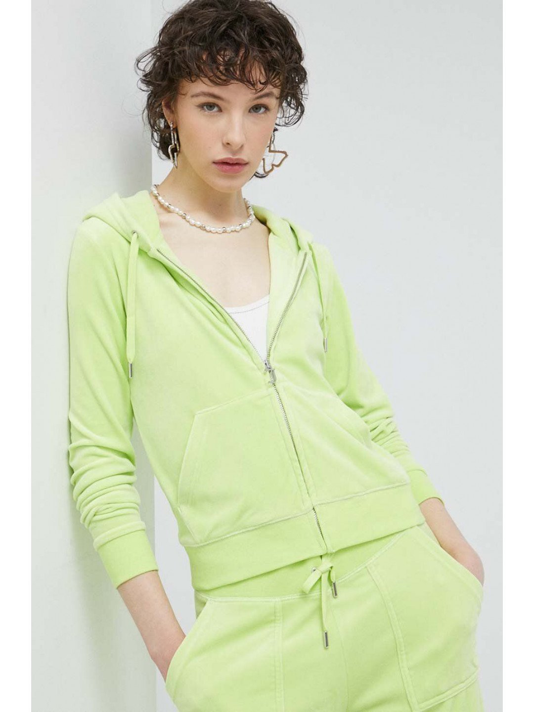Mikina Juicy Couture dámská zelená barva s kapucí hladká