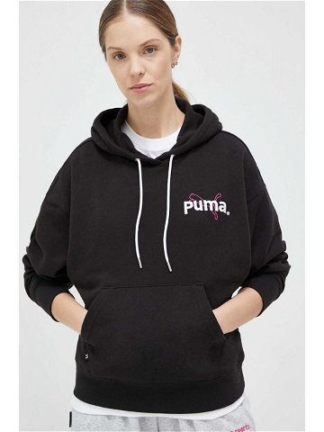 Mikina Puma dámská černá barva s kapucí s potiskem