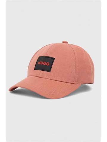 Bavlněná baseballová čepice HUGO růžová barva s aplikací