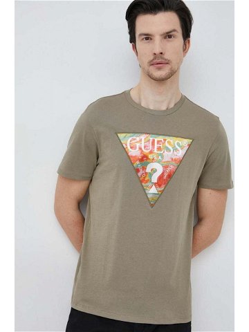 Bavlněné tričko Guess zelená barva s aplikací