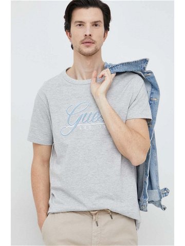 Bavlněné tričko Guess šedá barva s aplikací