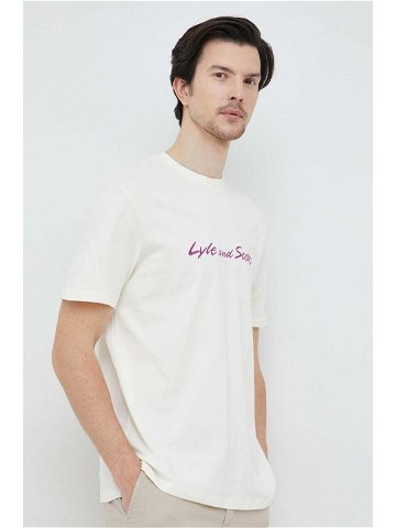 Bavlněné tričko Lyle & Scott béžová barva s aplikací