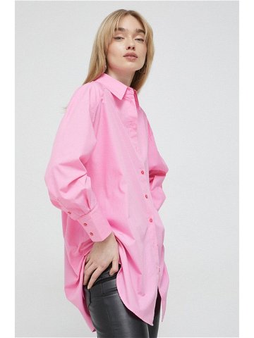 Košile HUGO růžová barva relaxed s klasickým límcem