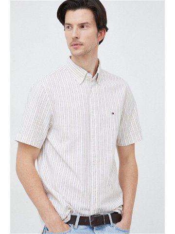 Košile s příměsí lnu Tommy Hilfiger béžová barva regular s límečkem button-down