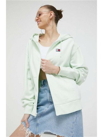 Bavlněná mikina Tommy Jeans dámská zelená barva s kapucí hladká