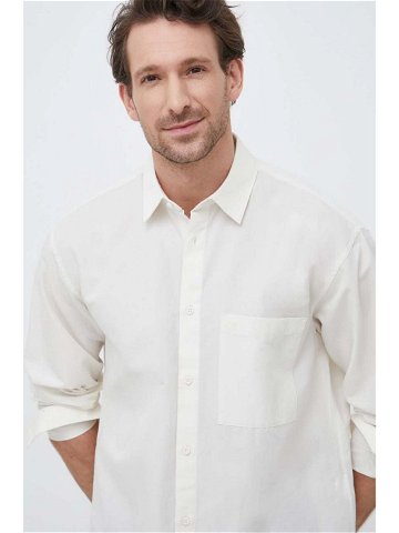 Košile s příměsí lnu Calvin Klein béžová barva relaxed s klasickým límcem