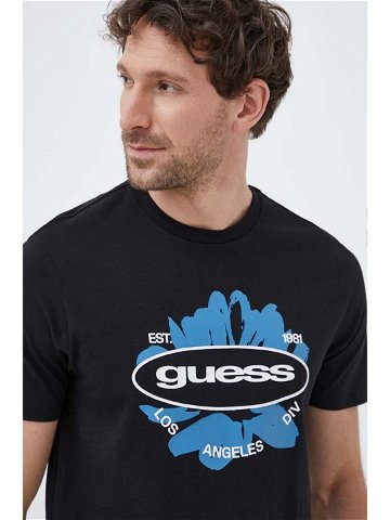 Bavlněné tričko Guess černá barva s potiskem