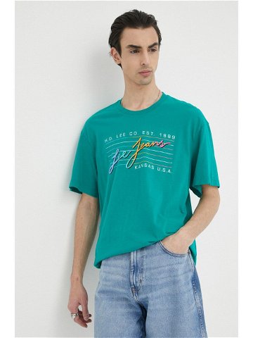 Bavlněné tričko Lee zelená barva s potiskem
