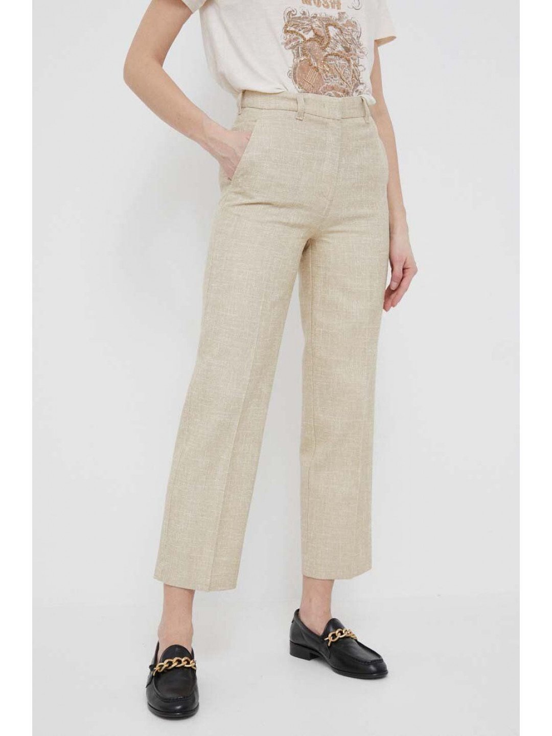 Kalhoty Sisley dámské béžová barva jednoduché high waist