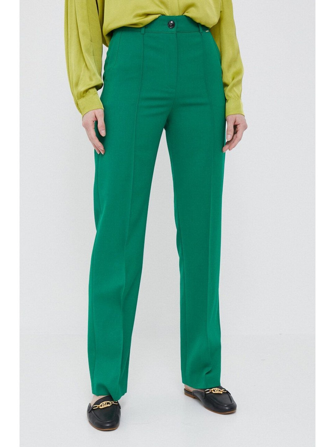 Kalhoty s příměsí vlny Joop zelená barva jednoduché high waist