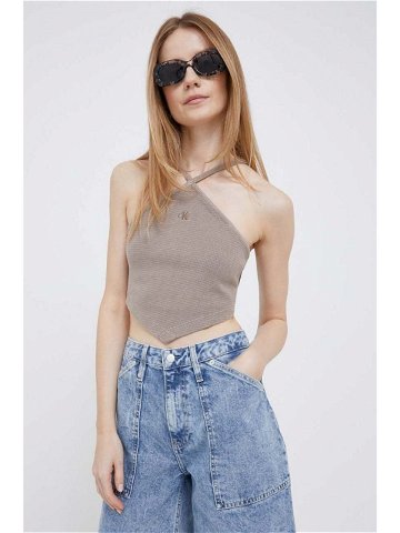 Bavlněný top Calvin Klein Jeans hnědá barva cold shoulder