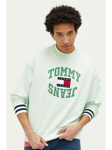 Bavlněná mikina Tommy Jeans pánská zelená barva s aplikací