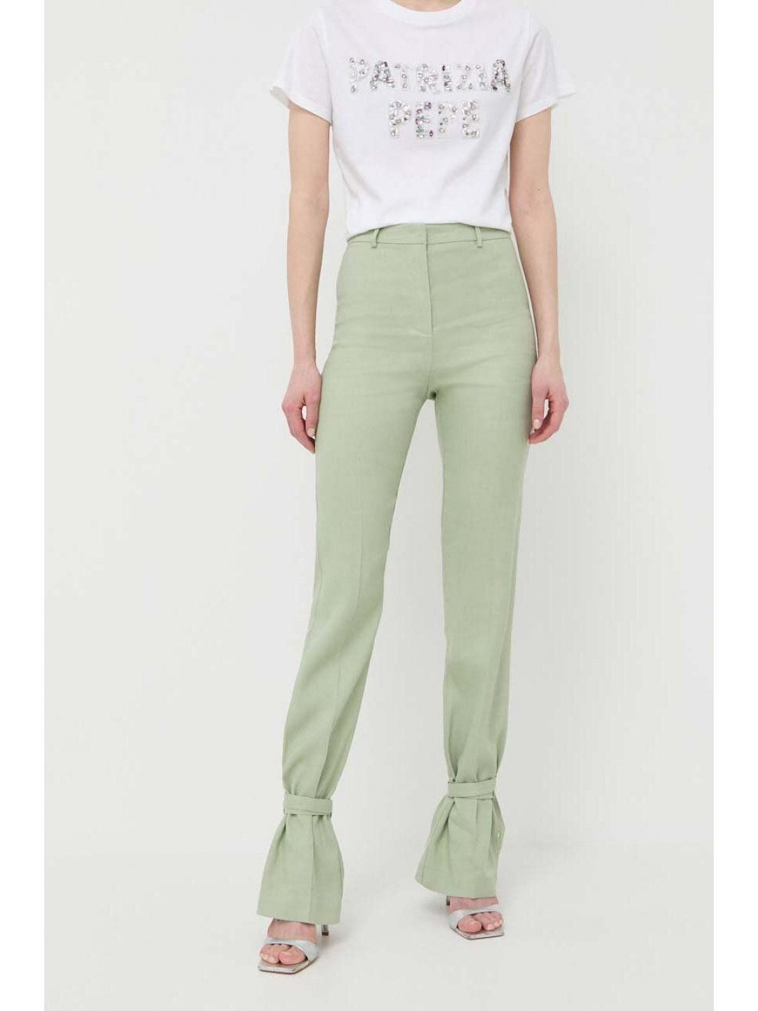 Kalhoty s příměsí lnu Patrizia Pepe zelená barva high waist