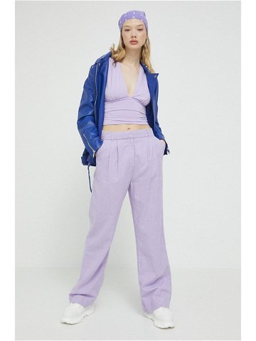 Plátěné kalhoty Abercrombie & Fitch fialová barva široké high waist