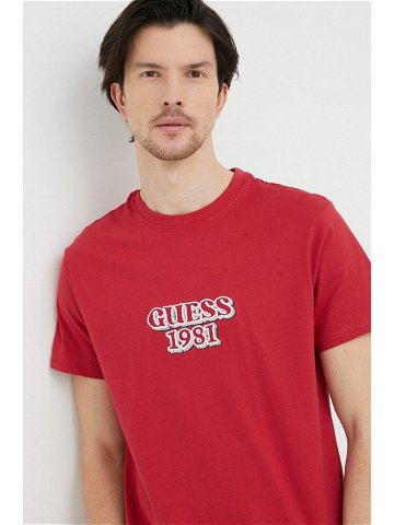 Bavlněné tričko Guess vínová barva s aplikací