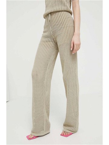 Kalhoty HUGO dámské béžová barva jednoduché high waist