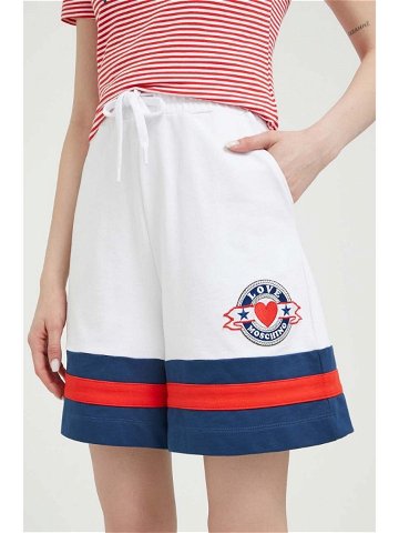 Bavlněné šortky Love Moschino bílá barva s aplikací high waist