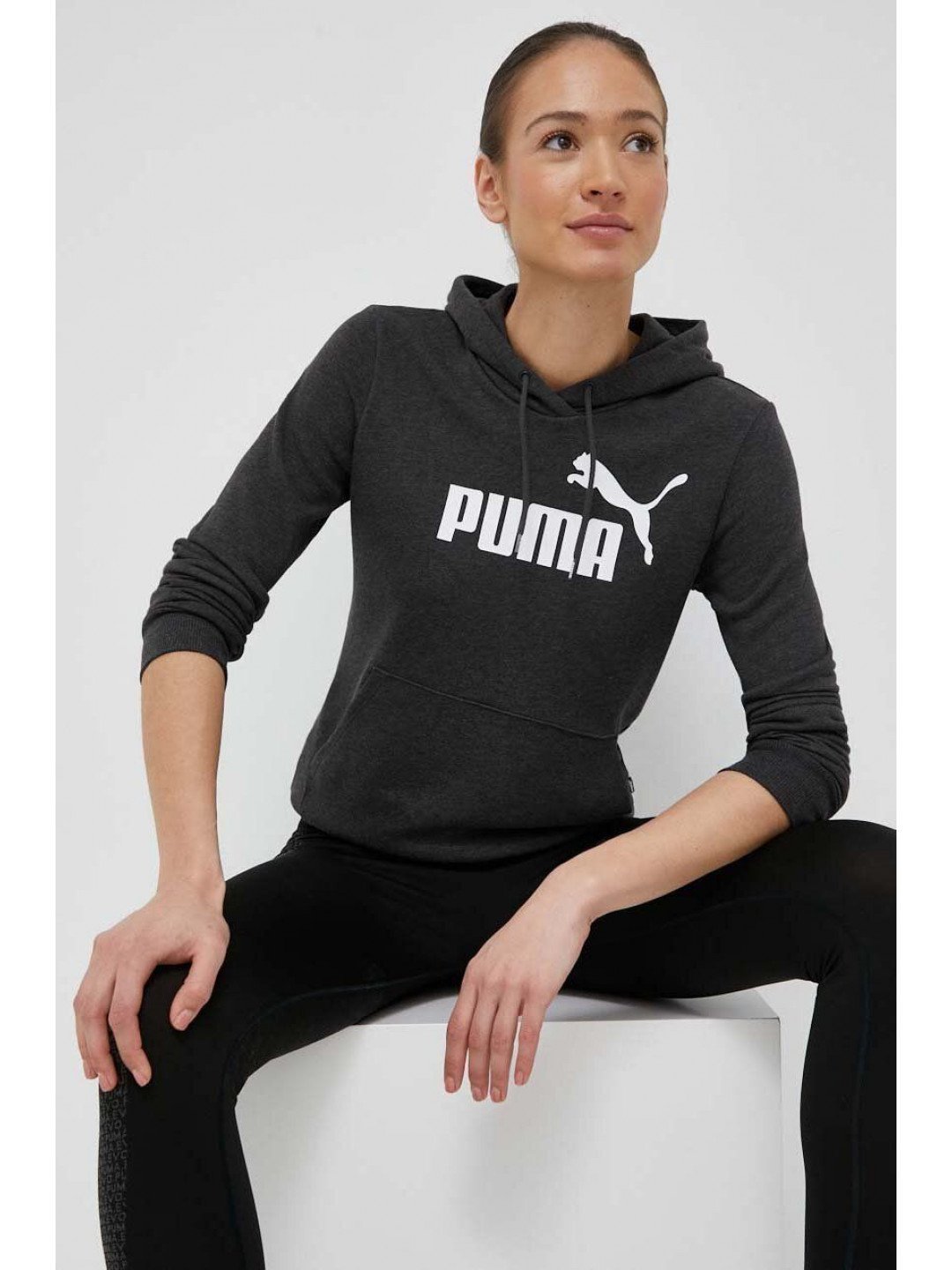 Mikina Puma dámská šedá barva s kapucí s potiskem 586791