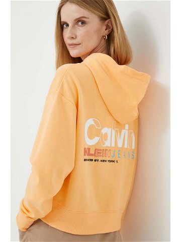 Bavlněná mikina Calvin Klein Jeans dámská oranžová barva s kapucí s potiskem
