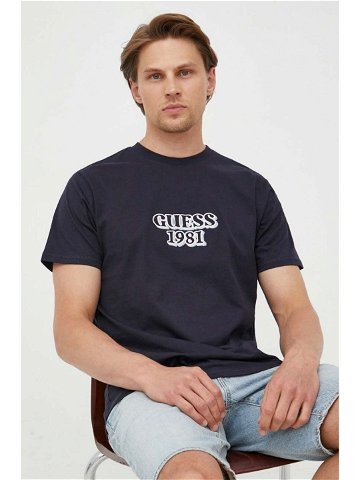 Bavlněné tričko Guess tmavomodrá barva s aplikací