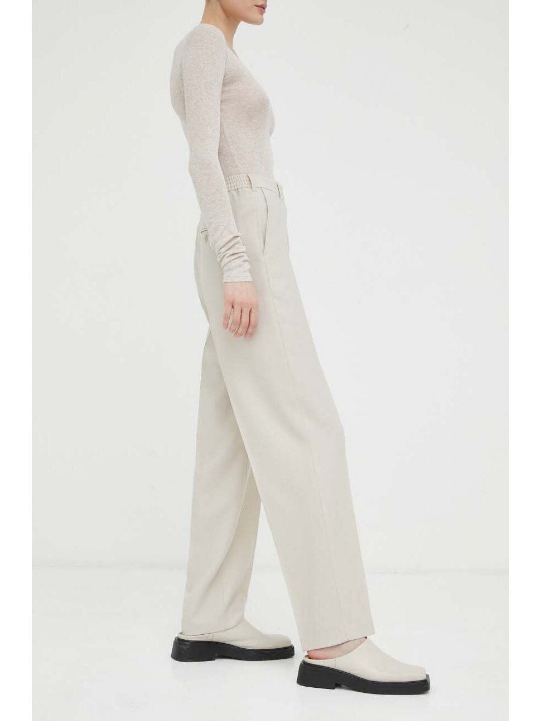 Vlněné kalhoty American Vintage béžová barva jednoduché high waist