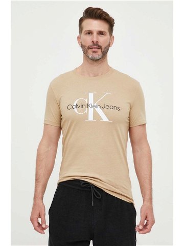Bavlněné tričko Calvin Klein Jeans béžová barva s potiskem J30J320806