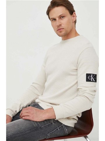 Bavlněná mikina Calvin Klein Jeans pánská béžová barva s aplikací
