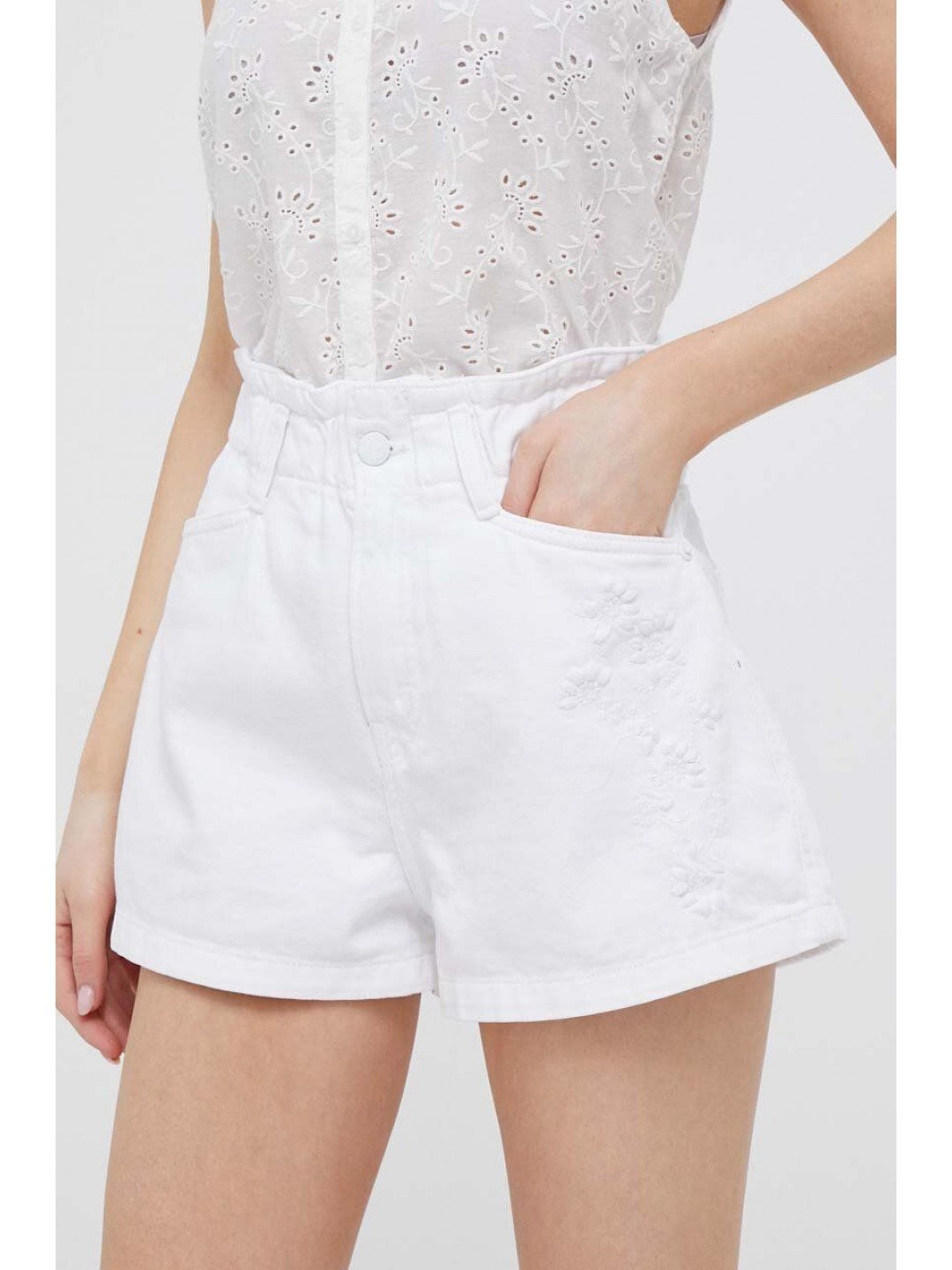 Džínové šortky Pepe Jeans Reese dámské bílá barva s aplikací high waist