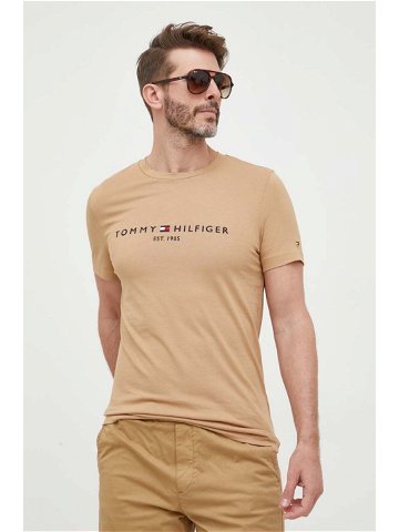 Bavlněné tričko Tommy Hilfiger béžová barva s aplikací MW0MW11797