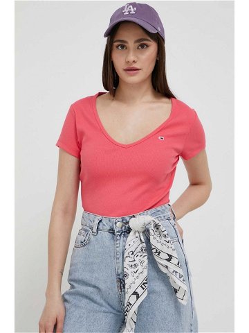 Bunda Tommy Jeans dámská růžová barva přechodná oversize