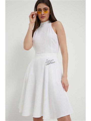 Šaty s příměsí lnu Love Moschino bílá barva mini