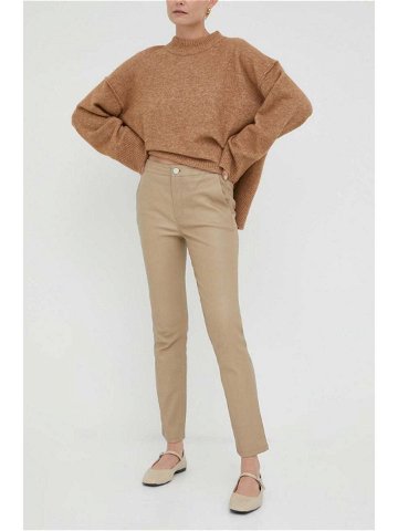 Kožené kalhoty 2NDDAY dámské béžová barva jednoduché high waist