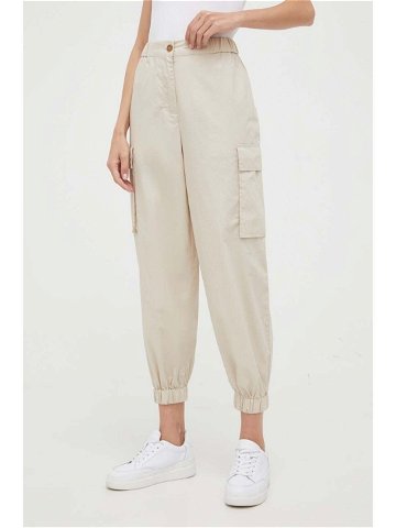 Bavlněné kalhoty Sisley béžová barva kapsáče high waist