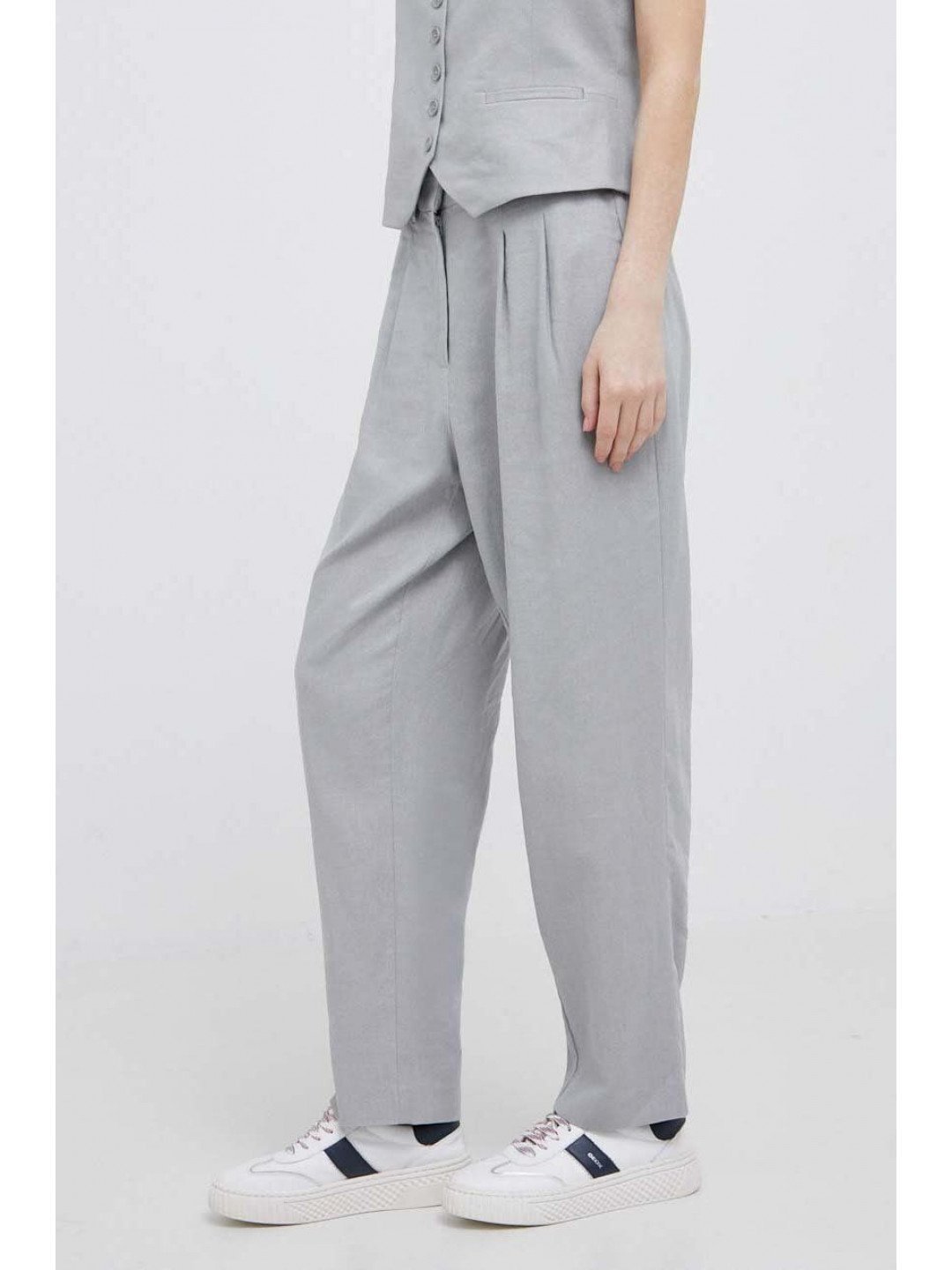 Plátěné kalhoty Dkny šedá barva přiléhavé high waist