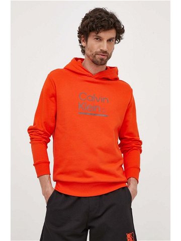 Bavlněná mikina Calvin Klein pánská oranžová barva s kapucí s potiskem