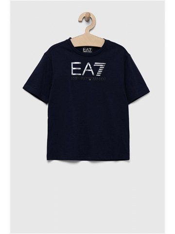 Dětské bavlněné tričko EA7 Emporio Armani tmavomodrá barva s potiskem