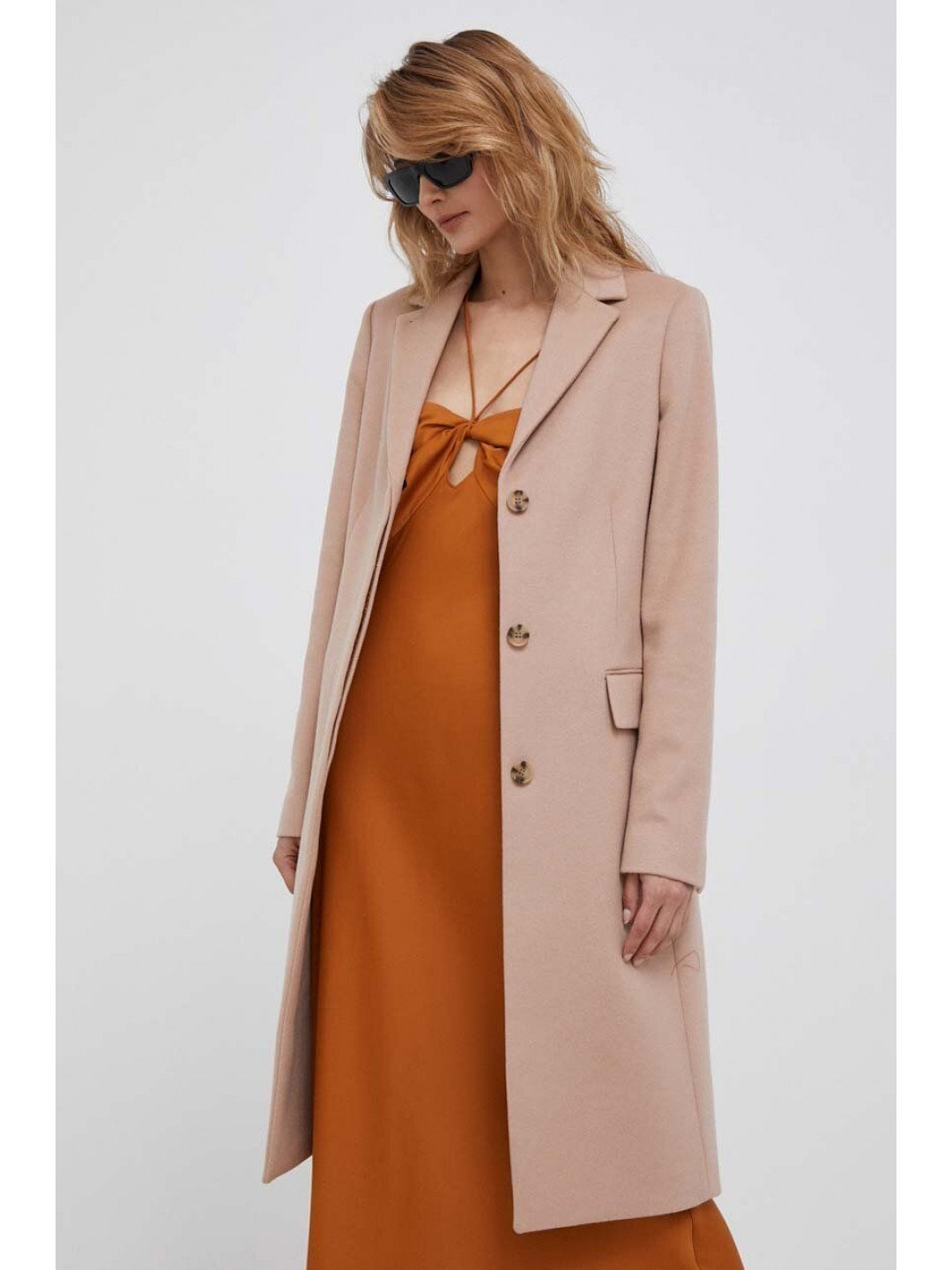 Vlněný kabát Calvin Klein růžová barva přechodný