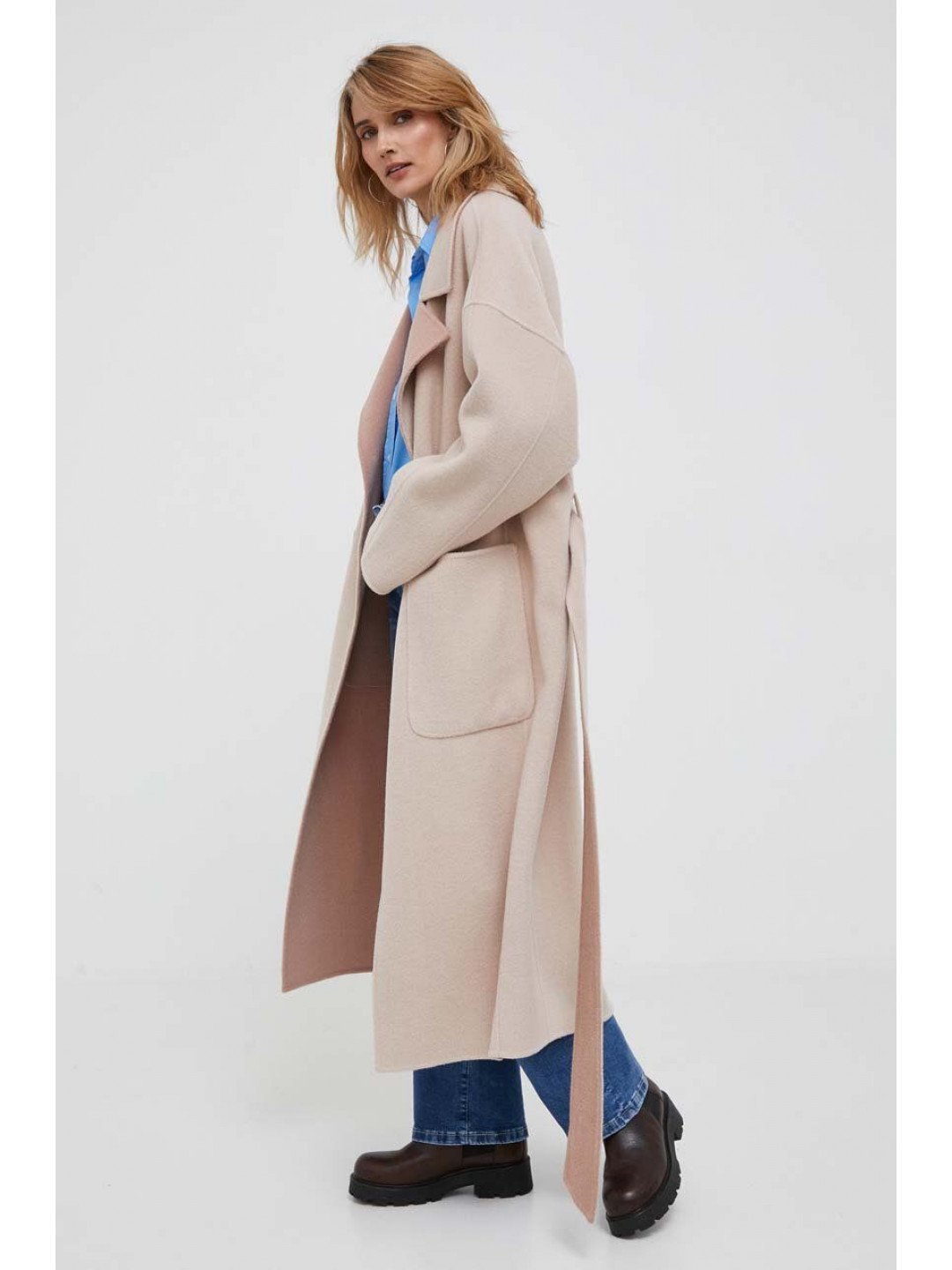 Oboustranný vlněný kabát Calvin Klein růžová barva bez zapínání
