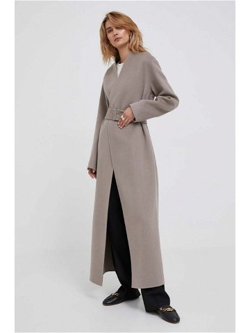 Vlněný kabát Calvin Klein béžová barva přechodný bez zapínání