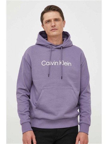 Bavlněná mikina Calvin Klein pánská fialová barva s kapucí s aplikací