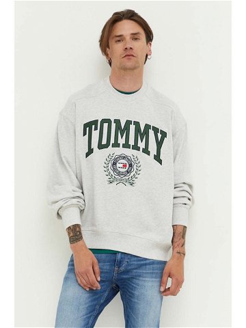 Bavlněná mikina Tommy Jeans pánská šedá barva s aplikací