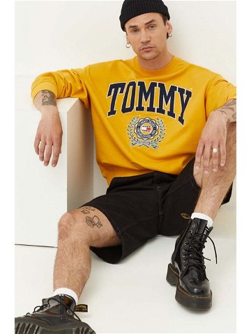 Bavlněná mikina Tommy Jeans pánská žlutá barva s aplikací