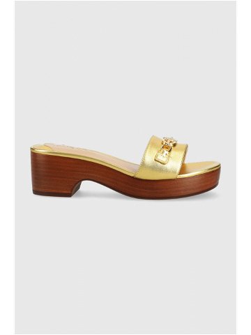 Kožené pantofle Lauren Ralph Lauren ROXANNE dámské zlatá barva na podpatku 802900076001