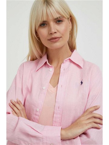 Lněná košile Polo Ralph Lauren růžová barva regular s klasickým límcem 211920516