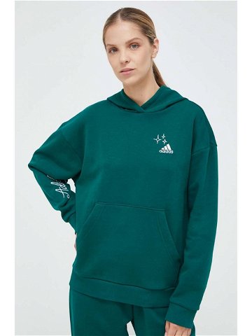 Mikina adidas dámská zelená barva s kapucí s aplikací