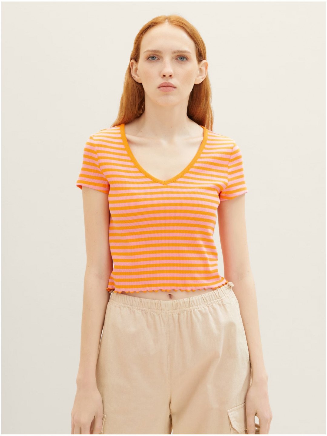 Růžovo-oranžové dámské pruhované tričko Tom Tailor Denim