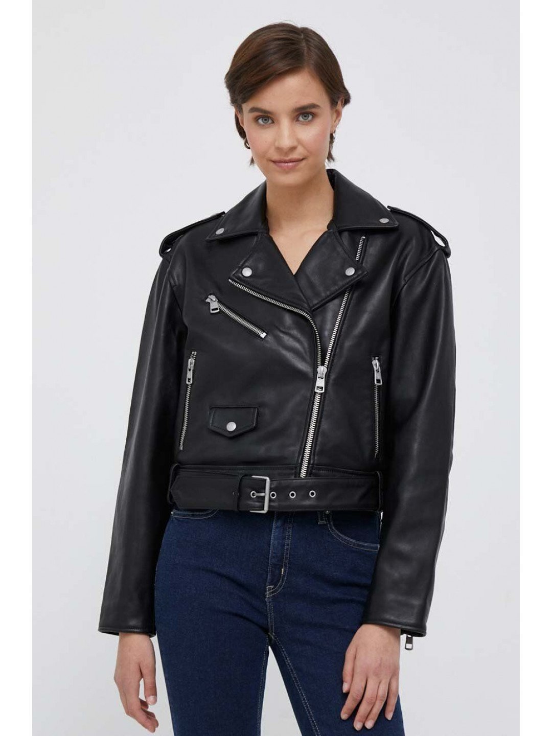 Kožená ramoneska Calvin Klein Jeans dámská černá barva přechodná oversize